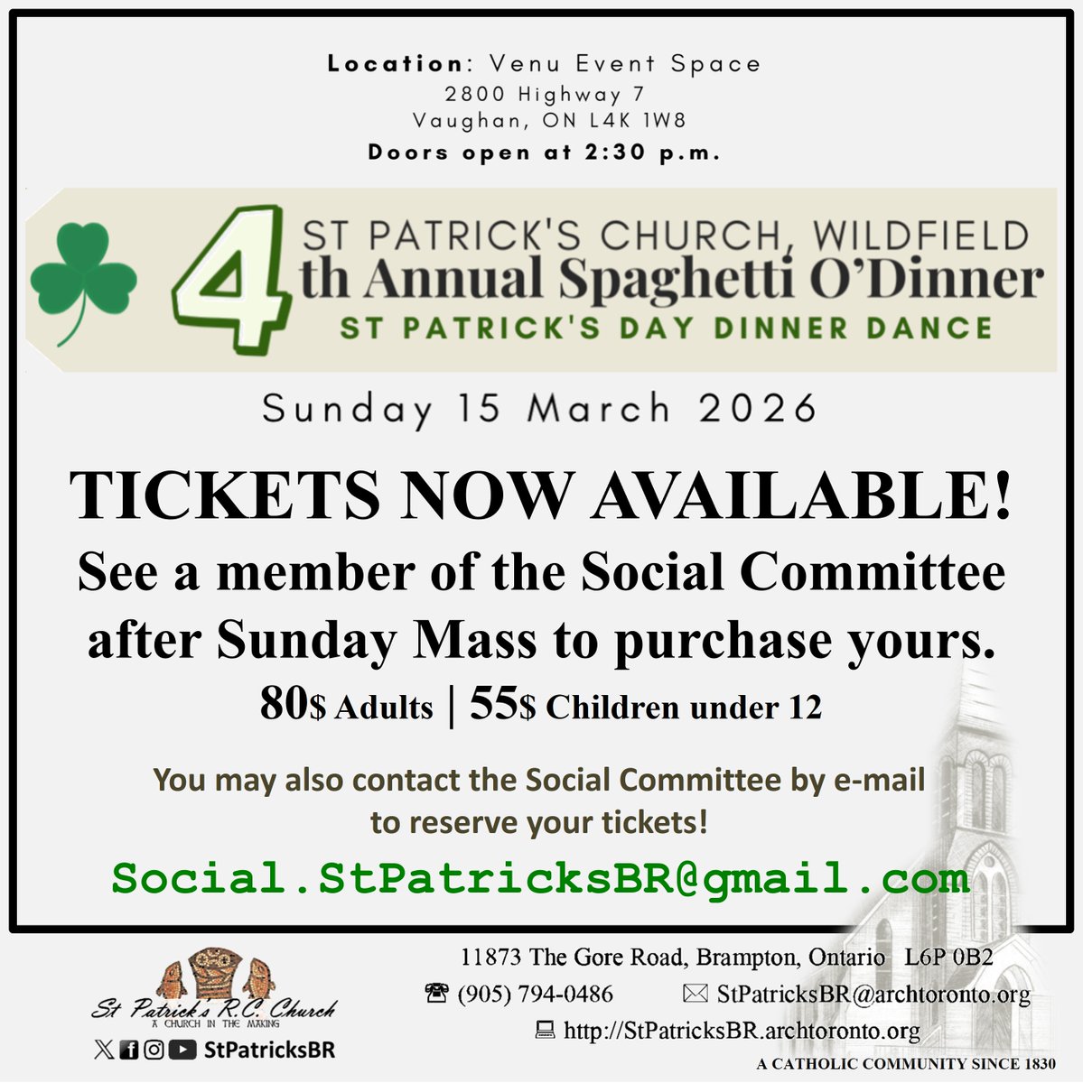 Tickets for this year's "Spaghetti O'Dinner" are now available!
See a member of the Social Committee after Sunday Mass to purchase yours, or e-mail the Committee to reserve!