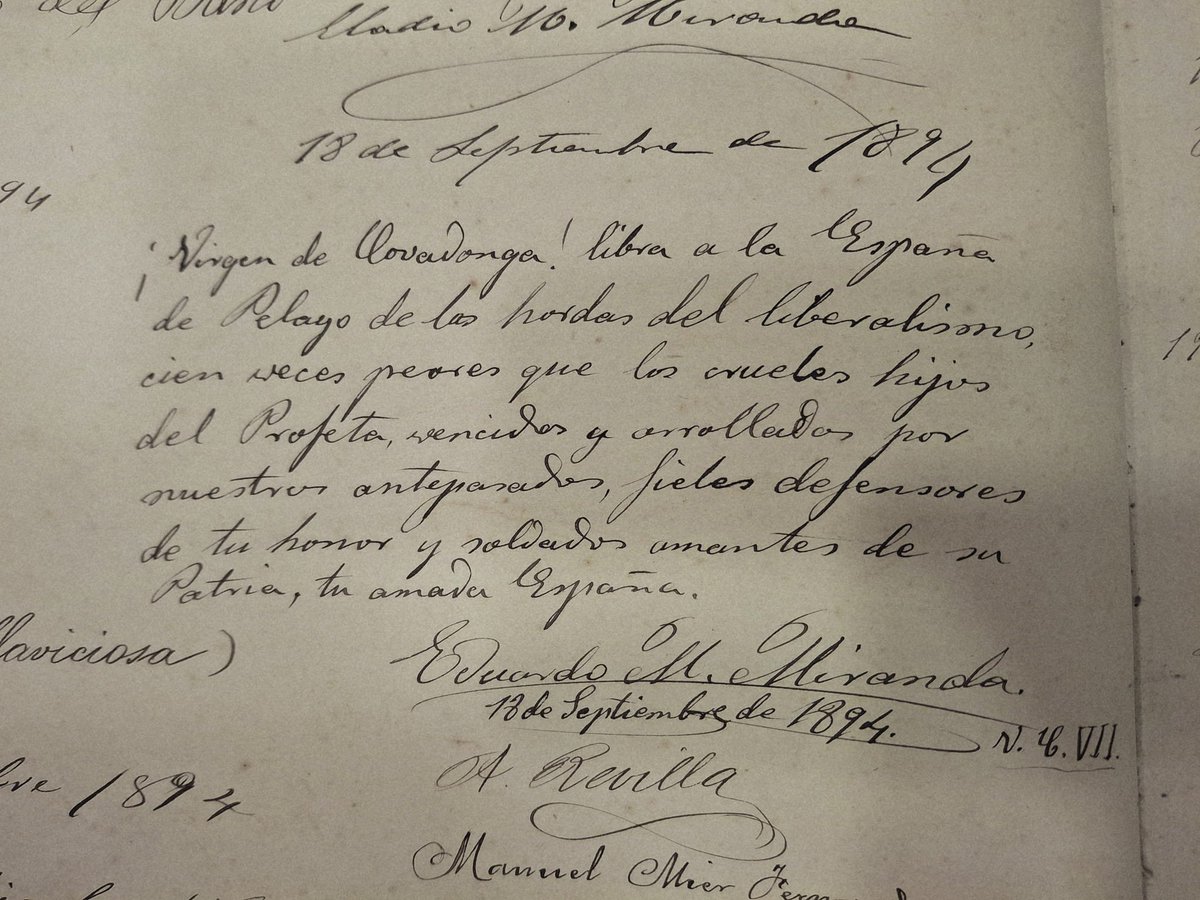 El hilo de cositas guapas, llamativas y divertidas en los libros de visitas de Covadonga del siglo XIX (que ando consultando para mi tesis) que no sabíais que necesitabais. Aquí uno que pide a la Santina que libre a España de las hordas del liberalismo.
