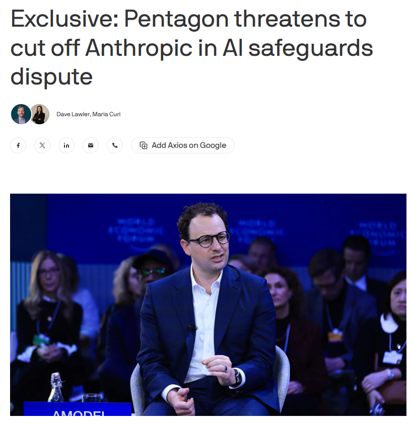 kimmonismus's tweet photo. The Pentagon is considering cutting ties with Anthropic after the company refused to allow its AI models to be used for “all lawful purposes,” insisting on strict bans around mass domestic surveillance and fully autonomous weapons.

Tensions escalated following a disputed episode involving the use of Claude in a military operation, highlighting a broader clash between the Pentagon’s push for unrestricted deployment and Anthropic’s more restrictive safety stance.

Anthropic's high ethical standards are becoming a business problem. It will be interesting to see how Anthropic resolves this in the future.