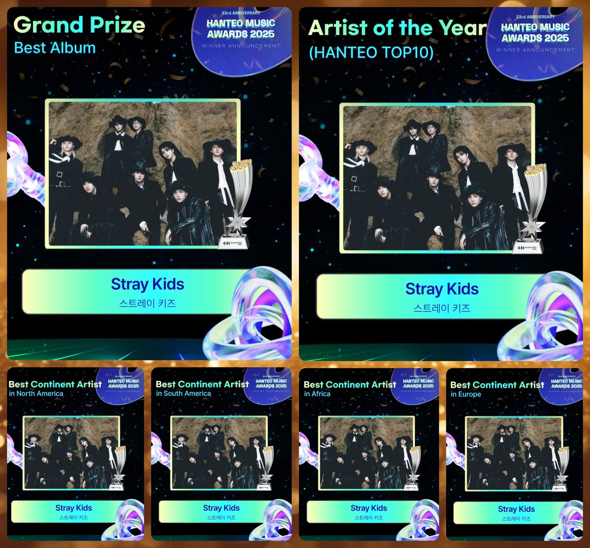 🎉🥳 CONGRATS SKZ &amp; STAY! 🥳🎉

🏆Grand Prize Best Album (Daesang)
🏆Hanteo Top 10 Artist (Bonsang)
🏆Best Continental Artist- N America
🏆Best Continental Artist- S America
🏆Best Continental Artist- Africa
🏆Best Continental Artist- Europe