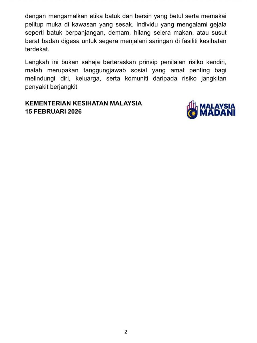 RAKYAT MALAYSIA 

BERHATI HATI DENGAN PENYAKIT TB SEKARANG INI YANG DAH MULA BERLELUASA