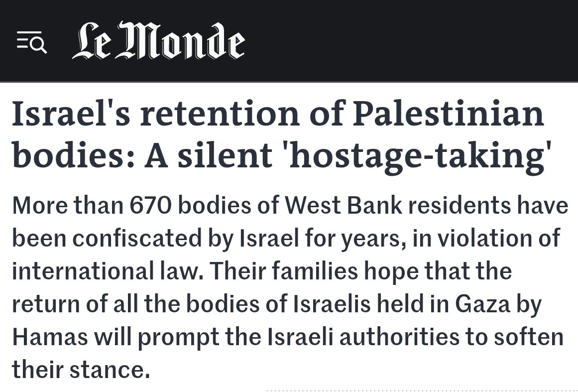 Jakob_Reimann's tweet image. Das 🇮🇱 Regime hält die Leichen von 670 Palästinenser*innen aus dem 🇵🇸Westjordanland und Ostjerusalem als Geiseln gefangen.

Als Folge rassistischer Entmenschlichung spielen diese Geiseln -- im Gegensatz zu denen aus #Israel -- in Politik und Medien hierzulande jedoch keine Rolle.