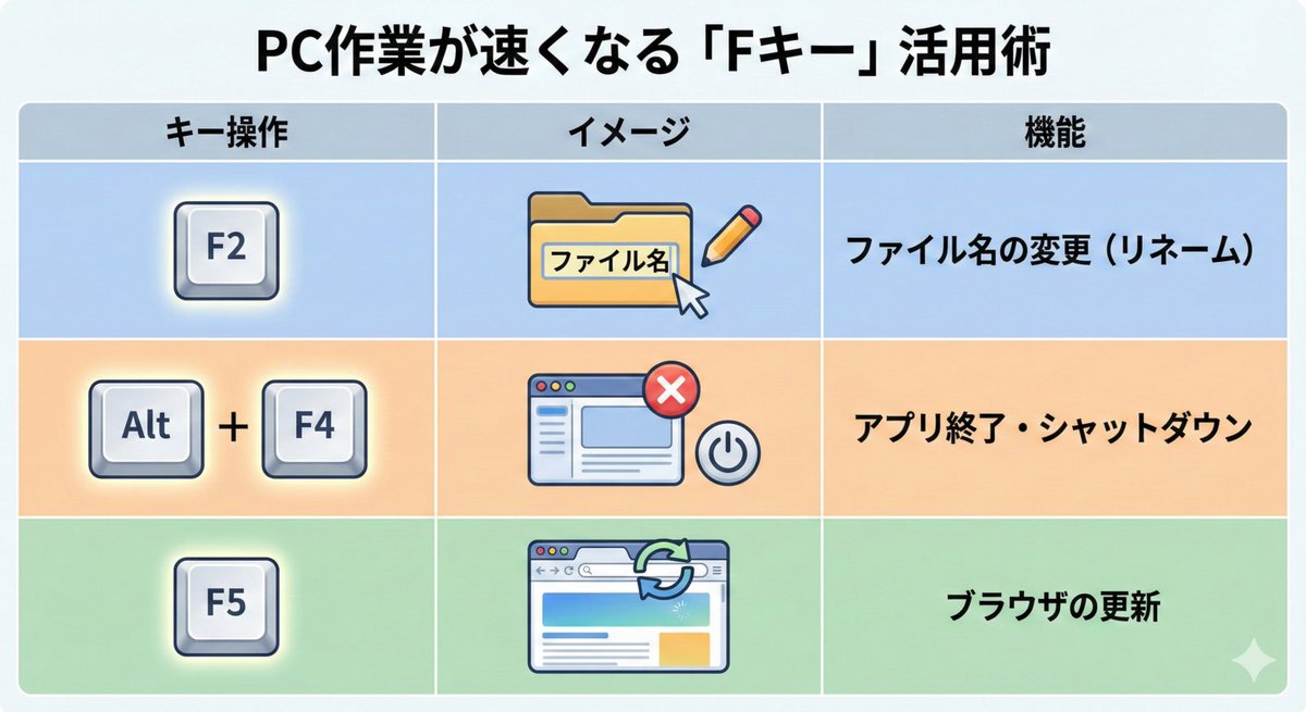 ＼最新Tech情報をお届け／
👀 PC作業が速くなる「Fキー」活用術

「キーボードから手を離してマウスに持ち替える」
この数秒のロス、1日換算だと凄い時間になります。
Windowsを使う人におすすめの時短キーを厳選しました。

✅ F2：ファイル名の変更（リネーム）