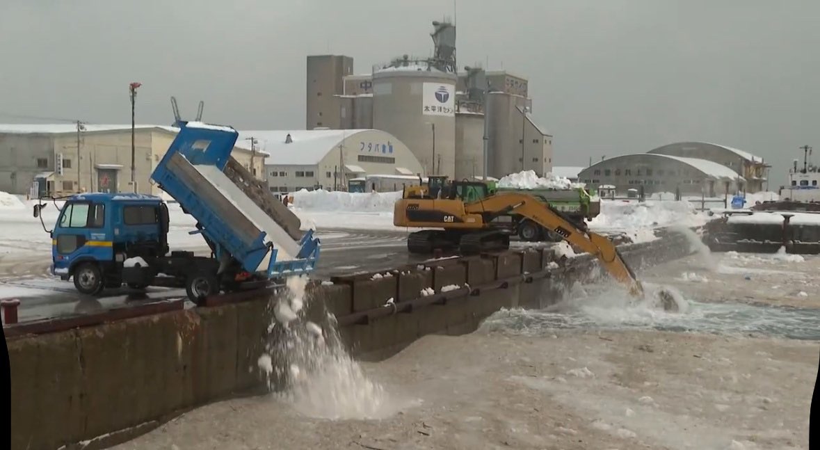 北海道にあれだけ降る雪の処理ってどうしてるの？
A市…そこまで降らないので自然に溶けるのを待つ
B市…排泄溝があるのでそこに流す
C市…広い場所にある雪の堆積場に積み上げて溶けるのを待つ
小樽市…海に放り込んで撹拌する