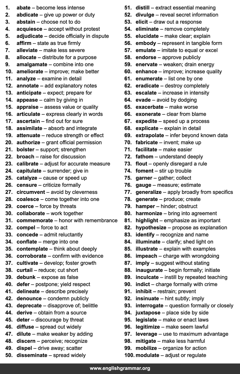 GrammarUpdates's tweet photo. 100 Verbs Every Educated Adult Should Know https://t.co/gcuwGadzdx