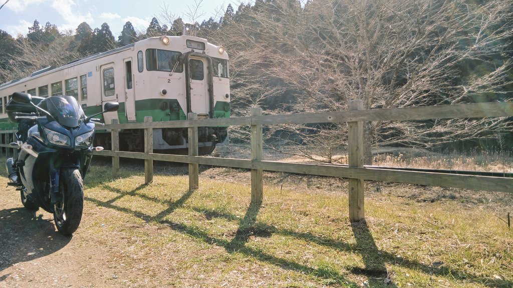Ricki_And_I's tweet photo. 久々にツーリング行けた！
千葉の鹿野山の九十九谷行って（人のバイク）帰りに飯給駅（世界一大きいトイレの所）で休憩してたら電車来たから撮った！！
これくらいならサクっと行けていいね！ https://t.co/Xt47z9ptnE