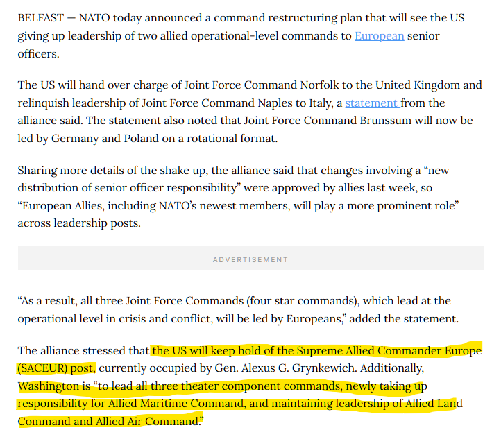 TheSensibleGeek's tweet photo. @JamesTate121 The US handed three more tactical commands in the UK, Italy, and the Netherlands to the UK, Italy, and Germany/Poland.

The US retains overall command and command continent-wide.

But fuck research, right? https://t.co/2514Cefnol