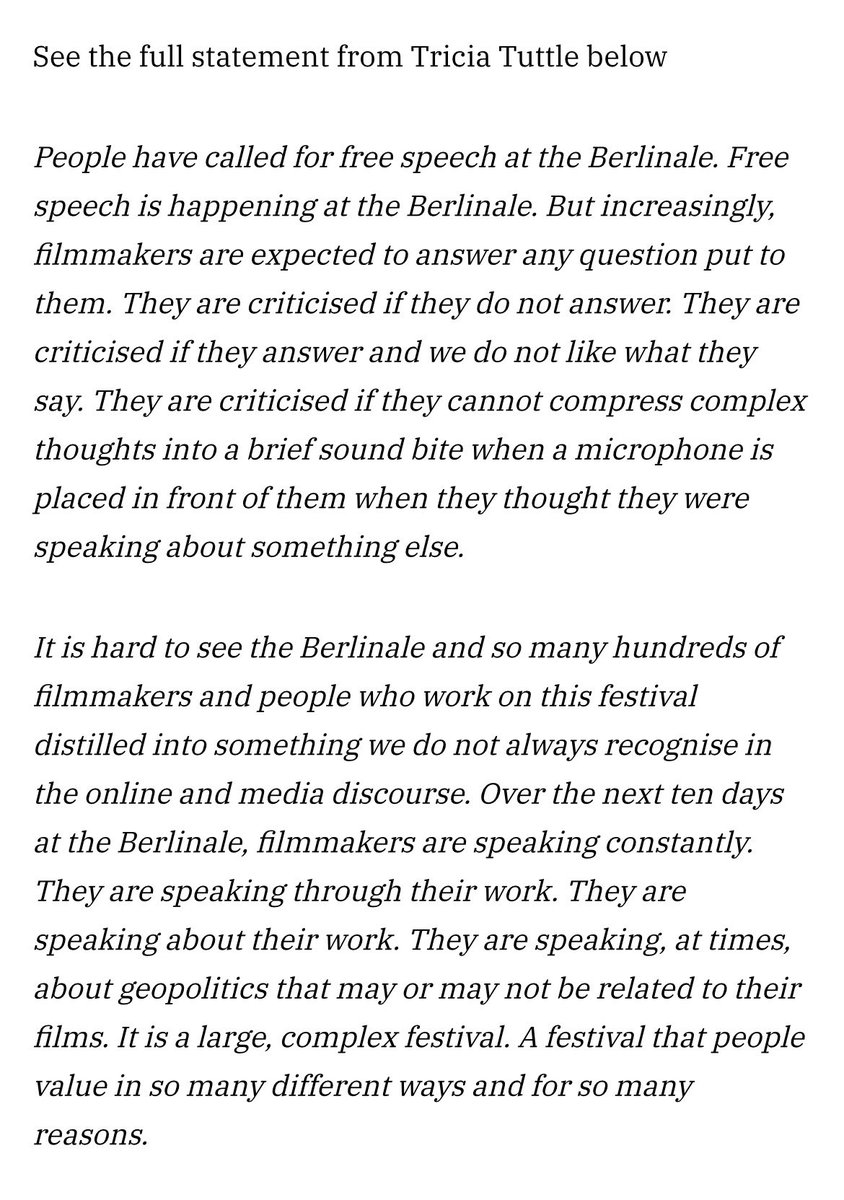 zakfilm's tweet photo. Berlinale really just made a diplomatic statement absolving all responsibility of the filmmakers and the festival by blaming the press for wanting to speak about politics and its urgency. They say that no one at the festival is indifferent to the Palestinians and more suffering across the world but then why can’t they do express that solidarity in public and denounce the violence when asked? You can’t claim free speech for artists but then refuse to engage with the audience and deny freedom of press. It’s simply irresponsible.