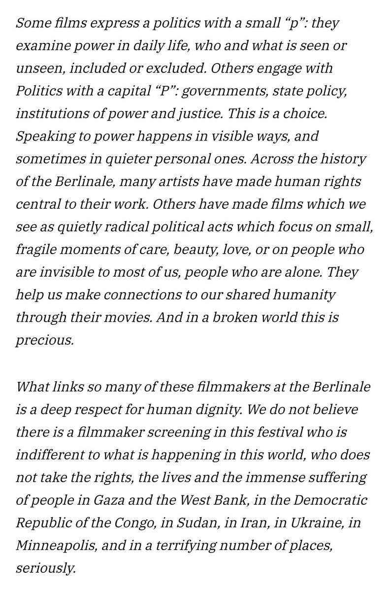 zakfilm's tweet photo. Berlinale really just made a diplomatic statement absolving all responsibility of the filmmakers and the festival by blaming the press for wanting to speak about politics and its urgency. They say that no one at the festival is indifferent to the Palestinians and more suffering across the world but then why can’t they do express that solidarity in public and denounce the violence when asked? You can’t claim free speech for artists but then refuse to engage with the audience and deny freedom of press. It’s simply irresponsible.
