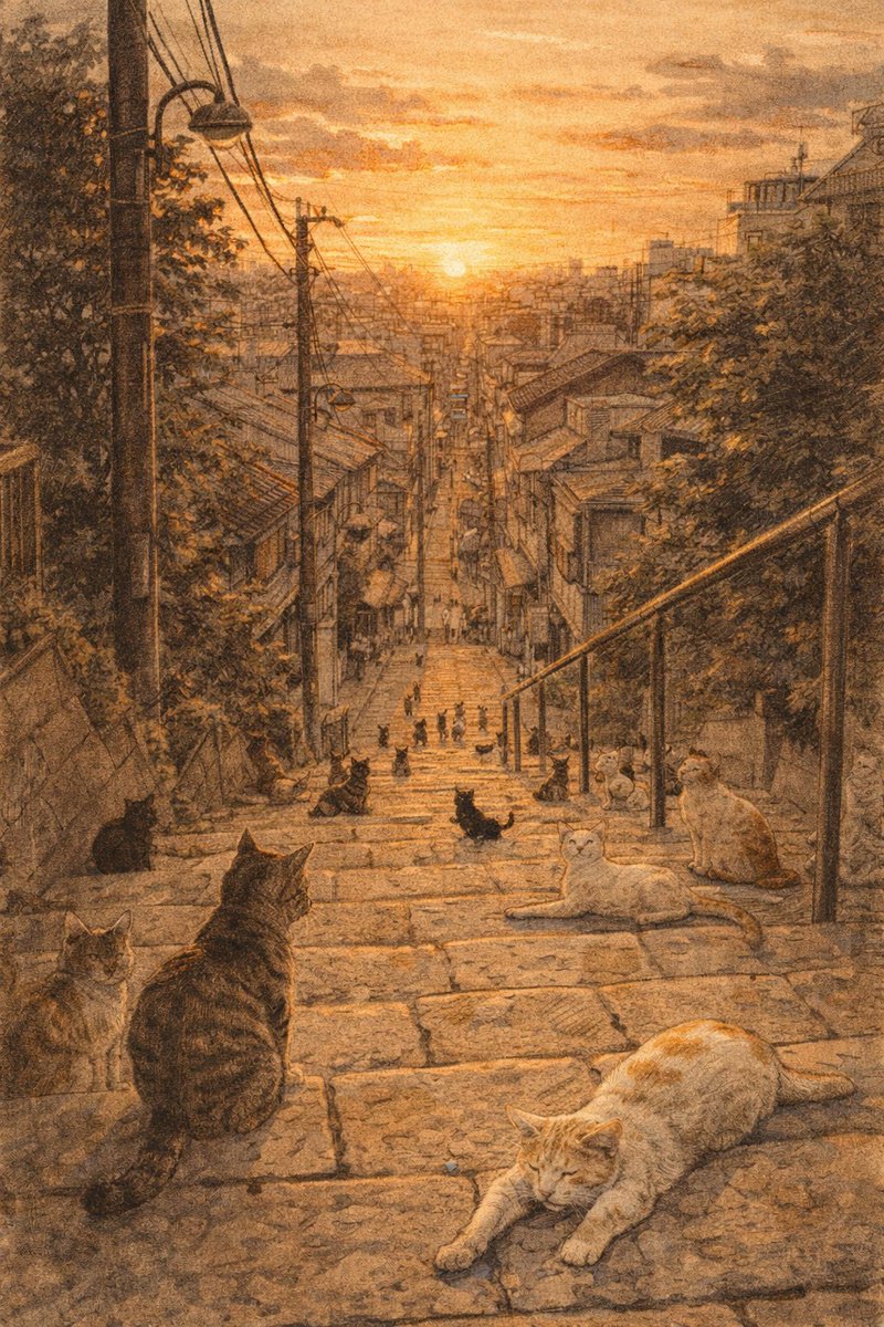 夕焼けだんだん、猫だんだん。 沈む夕日と、集まる気配。 名前も用事も
