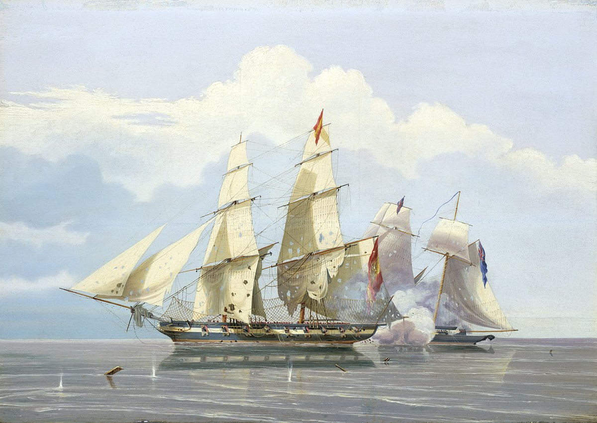 OnthisdayRN's tweet photo. #OnThisDay 190 years ago in 1836, the RN ship HMS BUZZARD captured the Portuguese slaver, Joven Carolina in Nigeria freeing 421 slaves.  BUZZARD freed thousands of slaves, the painting depicts her capturing the Spanish slaver Formidable, freeing over 700 slaves. https://t.co/p3UB1hDSqV