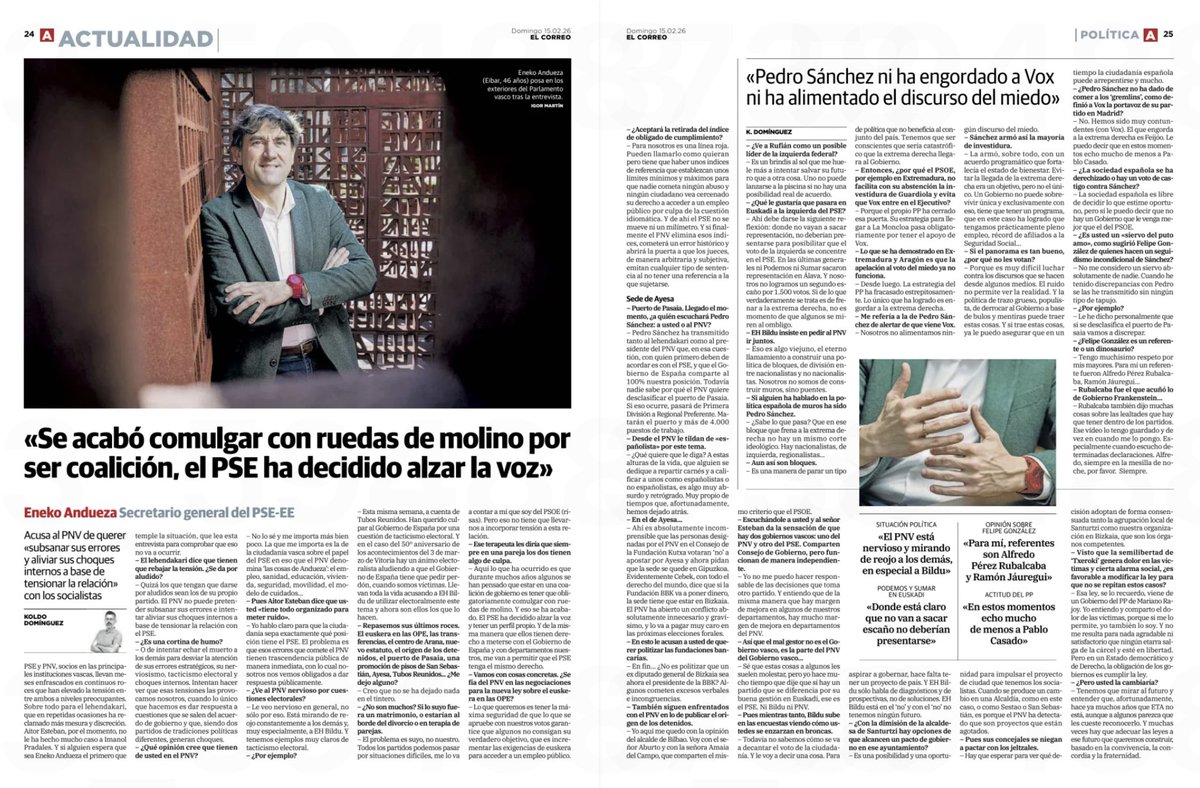 El PSE-EE va a alzar la voz si el PNV se sale de lo firmado en el Acuerdo de Gobierno.

Porque tenemos perfil propio.

Se ha acabado lo de comulgar con ruedas de molino porque estamos en un Gobierno de coalición.

Vamos a defender los intereses de la ciudadanía, eso que el PNV