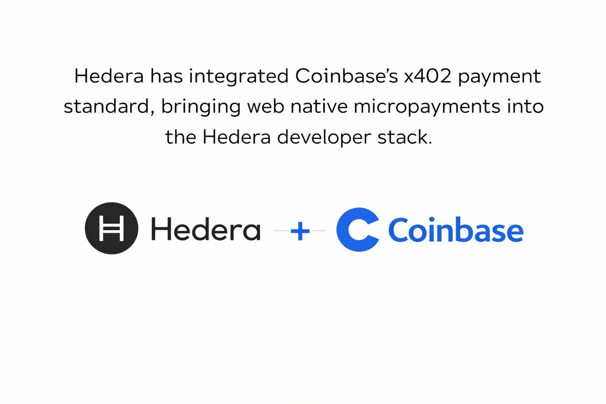 MarcoSalzmann80's tweet photo. 🧵 Hedera has integrated Coinbase’s x402 payment standard, bringing a web native micropayments pattern into the Hedera developer stack.

@coinbase introduced x402 to let websites and applications request payments over the internet as part of the same interaction.

On @hedera, this approach can reduce common payment friction, including account creation, subscription workarounds, and checkout redirects.

The x402 design supports pay per use pricing for small charges that are often inefficient with traditional payment rails.

Practical examples include paying a few cents for an API call, pulling data from a service, accessing an article, or triggering a translation request.

This matters as software becomes more autonomous. AI tools and agents increasingly interact with services on their own and need payment flows that can run programmatically in real time.

x402 is not exclusive to Hedera. Multiple networks can support the standard. The larger signal is that Coinbase is pushing a shared payment primitive for micropayments across ecosystems.

Hedera can be a strong fit for automated micropayments because predictable fees and reliable execution matter when payments are frequent and machine driven.

With x402 support on Hedera, developers can adopt a consistent pattern while choosing the rail that best matches their cost and reliability requirements.

The real proof will be adoption. Watch for Coinbase ecosystem tools, APIs, and applications that implement x402 flows and for Hedera based services that enable pay per use at scale.

👉🏻 https://t.co/v0dhmD9mb9