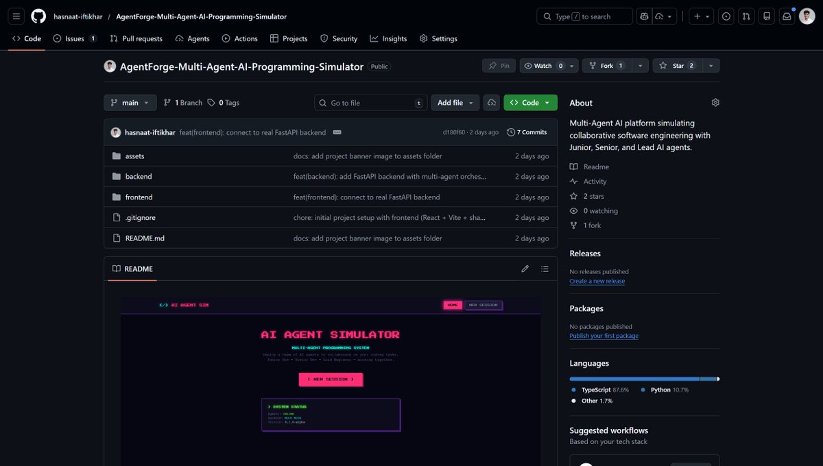 GitHub Link:
github.com/hasnaat-iftikh…

If you're exploring multi-agent AI systems where agents collaborate, review each other, and build meaningful outputs while handling edge cases, check out AgentForge.

It simulates:
• Junior Developer Agent
• Senior Engineer Agent
•
