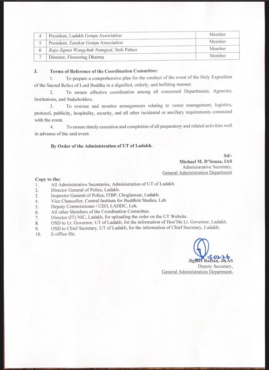 Info_Ladakh's tweet photo. UT Level Coordination Committee constituted for planning, coordination, and ensuring the dignified conduct of all arrangements related to the Holy Exposition of the Sacred Relics of Lord Buddha in UT Ladakh.
@lg_ladakh @LAHDC_Kgl @DC_Leh_Official @dc_Kgl @PIBSrinagar https://t.co/e32EQFhOg3