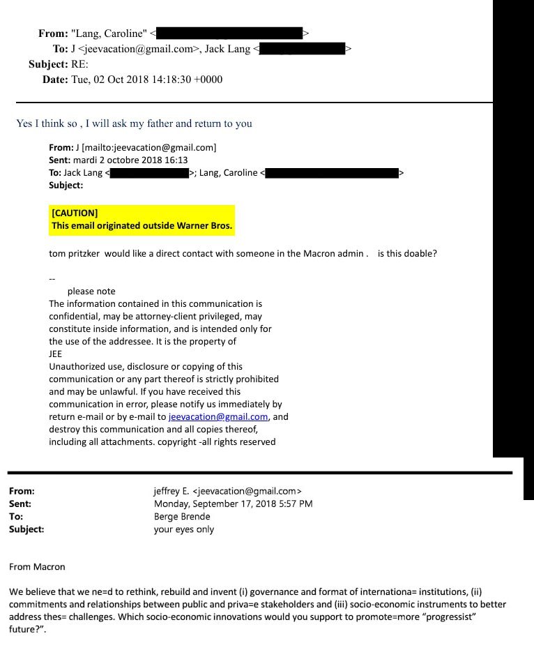 🇺🇸🇫🇷 C' EST UNE BOMBE : AFFAIRE EPSTEIN  
Les emails démontrent qu'en 2018 Macron consultait Epstein, par le biais de C. Lang  et Børge Brende (président-directeur général du Forum économique mondial) 
1. E-mail le plus ancien
De : Epstein à Børge Brende 
De Macron
Nous pensons