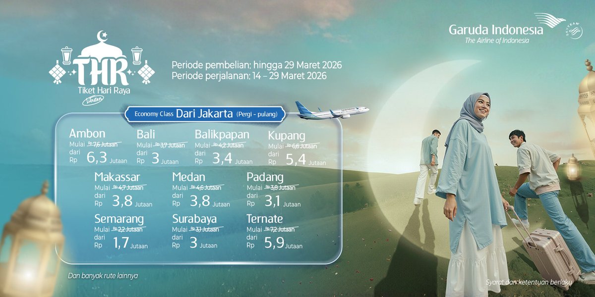 IndonesiaGaruda's tweet photo. Ada rindu yang hanya bisa terbayar saat berkumpul kembali. 
Hari Raya Idul Fitri selalu menjadi momen berkumpul yang dinanti.

Untuk menemani momen libur Lebaran Anda, Garuda Indonesia menghadirkan penyesuaian harga tiket hingga 18% untuk seluruh rute domestik, sebagai bagian dari dukungan terhadap program stimulus transportasi udara yang diinisiasi oleh Pemerintah Indonesia pada periode Lebaran 2026.

📆 Pembelian: hingga 29 Maret 2026
✈️ Penerbangan : 14 – 29 Maret 2026

Info lengkap: https://t.co/ejeMcF0YzR

#GarudaIndonesia
#BecauseYouMatter 
#THR