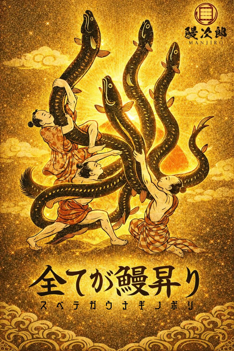 MANJIRO_KAGURA's tweet photo. なんか、眩しい鰻たち。

鰻昇ステッカー第三弾、完成。

貼ると流れが変わるとか、変わらんとか。

3月より配布。

全てが鰻昇り。

#全てが鰻昇り
#神楽坂 https://t.co/oJykckx1q1