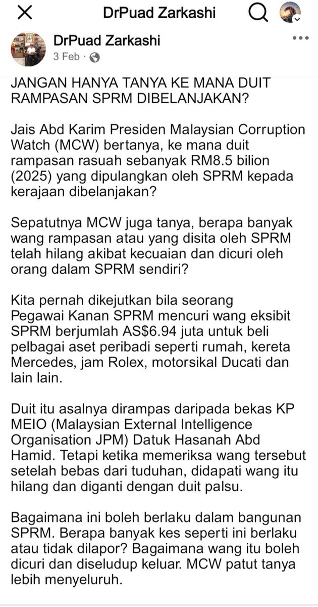 kalau mcm tu baguslah, d cadangkn tambah rm ke wang off 
Setuju dgn DFZ,
SPRM pun perlu disiasat,
rampas berapa dr siapa,
Baki simpanan berapa,
Belanja berapa &amp; kemana dibelanjakan.
Perlu ada prosedur tatakelola wang rampasan perlu direkod atas nama seseorg utk dipertanggungjwab
