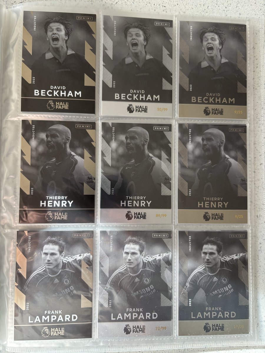 matt140288's tweet photo. Panini Premier league 2022 Hall of fame collection

- Complete base set of 8/8 cards
- Complete 8/8 set of limited run /99 cards
- Complete 8/8 set of limited run /25 cards
- Two of the 1/1 cards so 2/8 from the set

Have a look at the photos and let me know your thoughts. https://t.co/0TcEhhO97g