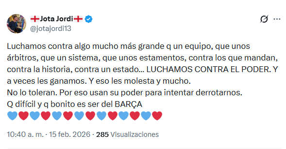 El barcelonismo hace lo mismo que el independentismo catalán: "España nos roba" / "El Madrid nos roba".

"Luchamos contra el poder", dice Jota Jordi. ¿Contra qué poder? ¿El mismo que os permitió inscribir a dos jugadores fuera de plazo?