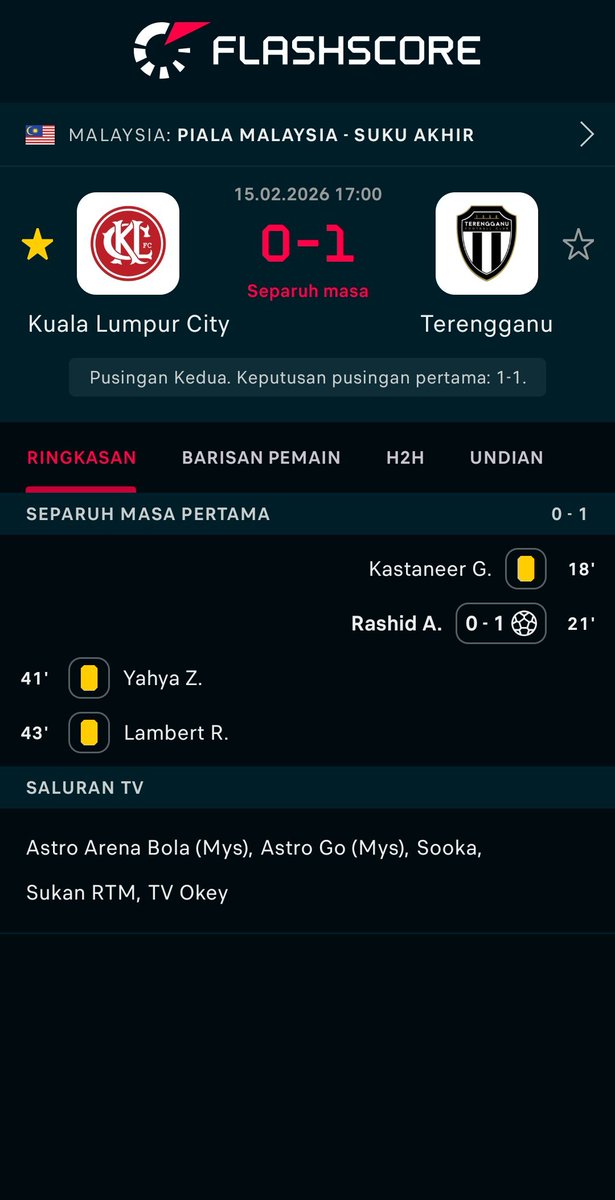 akmalarif90's tweet image. Separuh masa pertama tamat!
Kuala Lumpur City 0-1 Terengganu ⚽
Jaringan Rashid A. beri kelebihan buat Terengganu. 🔥
Masih ada 45 minit untuk bangkit! 💪

#PialaMalaysia #KLCity #TerengganuFC #SeparuhMasa #BolaSepakMalaysia