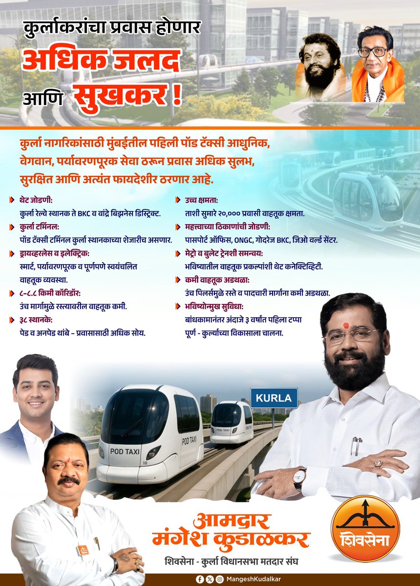 महायुती सरकारच्या भक्कम नेतृत्वाखाली व उपमुख्यमंत्री मा. श्री. एकनाथ शिंदे साहेब यांच्या पुढाकारातून कुर्ला शहराला आधुनिक पॉड टॅक्सीची अनोखी भेट. वेगवान, सुरक्षित व पर्यावरणपूरक प्रवास सुविधेमुळे कुर्ला नागरिकांच्या दैनंदिन प्रवासाला नवी दिशा मिळणार असून विकासाला अधिक गती मिळणार