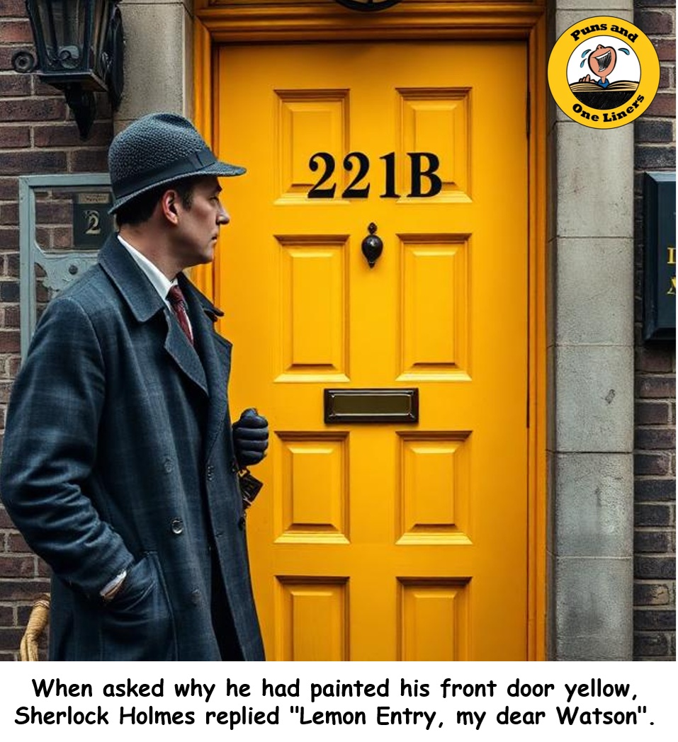 punsandoneliner's tweet image. When asked why he had painted his front door yellow, Sherlock Holmes replied "Lemon Entry, my dear Watson".

punsandoneliners.com/randomness/doo…     #Door #DoorJokes #Joke #Humour