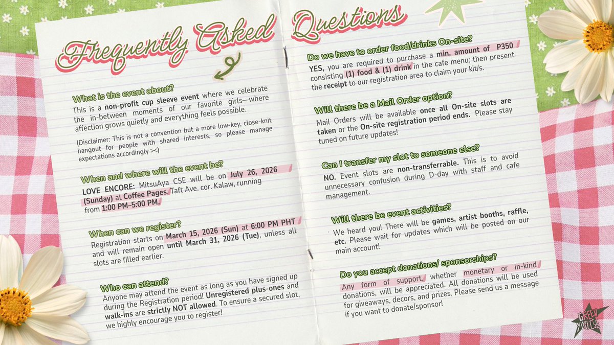 greenyuricse's tweet photo. FREQUENTLY ASKED QUESTIONS ❓

The first date jitters are real, but don't worry, we’ve got the itinerary all mapped out! 

Check out our FAQ for everything you need to know! 🗒️

#TGSWIIWAGAA #MitsuAya #LoveEncore https://t.co/4PCBoP83ZL