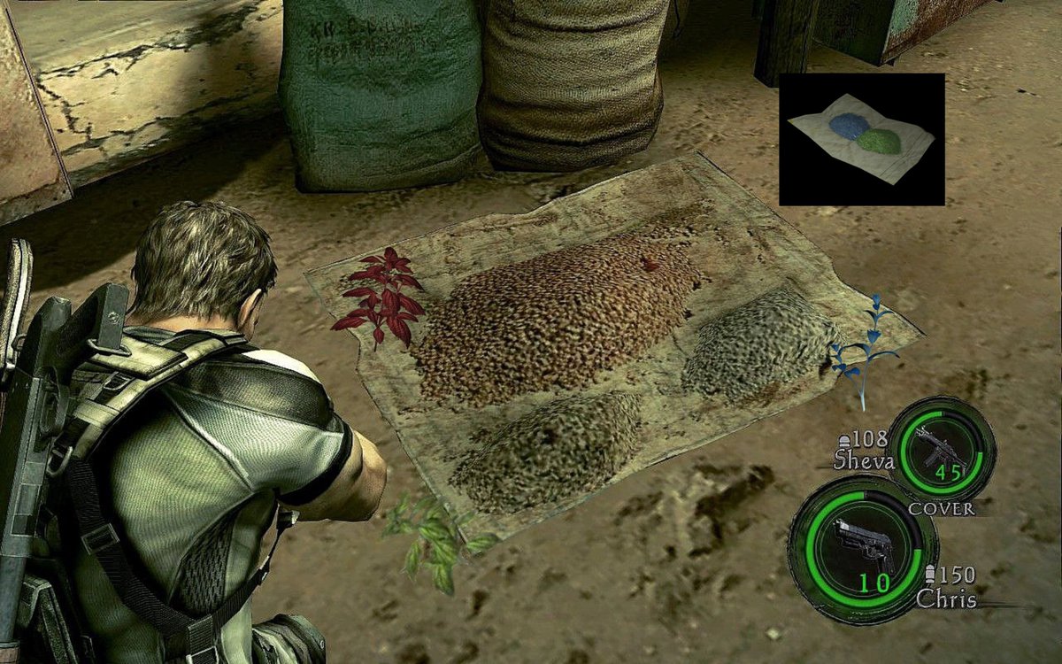 RacconSurvivor's tweet photo. I think someone wanted to give Chris nostalgia by reminding him of the classic “herbs” mixing. In all seriousness, this just stood out to me &amp; i found it pretty funny how the colors resemble the herbs, &amp; they're conveniently placed on a similar “paper sheet” #REBHFun https://t.co/2qB0M2JSfo