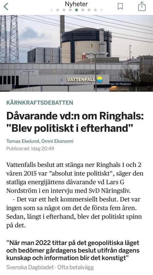Den av Moderaterna utsedda tidigare ordföranden för Vattenfall säger som det är