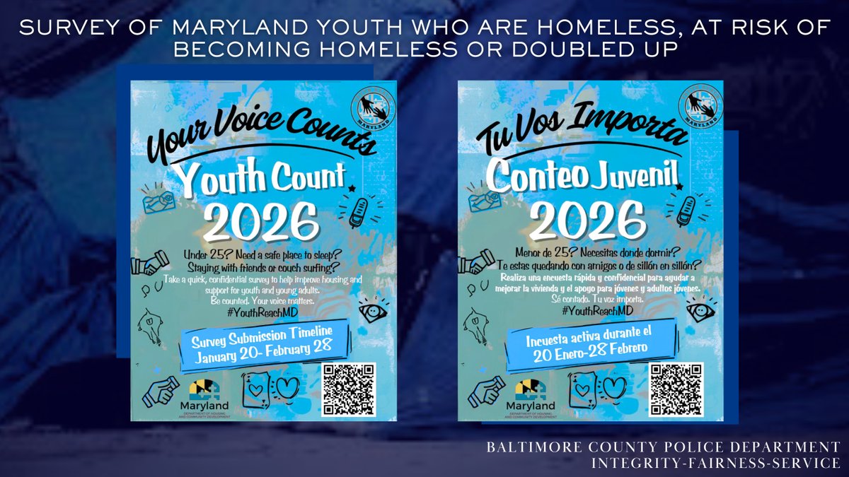 BaltCoPolice's tweet image. 👇Input sought from youth ages 14 to 24 who are homeless in Maryland, at risk of becoming homeless, or doubled up.

📲 umaryland.az1.qualtrics.com/jfe/form/SV_1O…

#baltimorecounty #bcopd #homeless #youth #maryland #baltimore