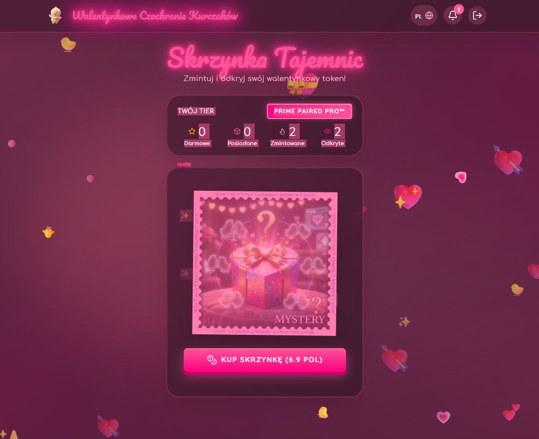 💎 Mint &amp; Reveal — #Henomorphs Valentine Collection 💎

🪙 MINT
➡️ Wejdź na stronę, połącz portfel.
🎁 Darmowe skrzynki: rozwiąż CAPTCHA → kliknij „Odbierz skrzynkę”.
💸 Płatne: „Kup Skrzynkę” za 6.9 POL (max 6).
✅ Zatwierdź transakcję w portfelu.

✨ REVEAL
⏳ Poczekaj ~20