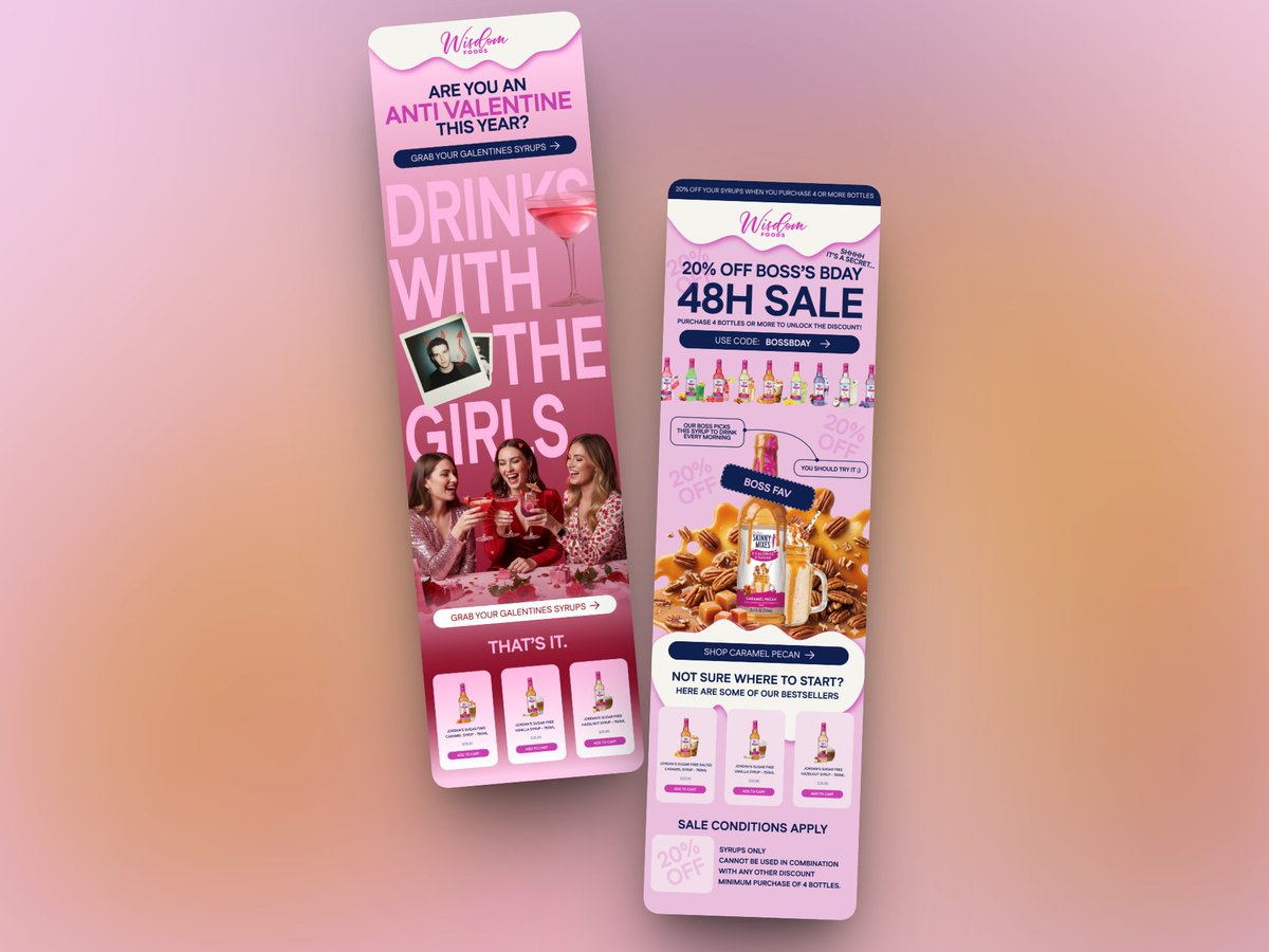 Lilou_click's tweet photo. Just wrapped an Anti-Valentine's campaign for a 0-cal syrup brand, and was super impressed by the results

While pushing romantic dinner for 2 messaging is mostly the norm across brands, we went full Galentine's energy - pink everything, "drink with the gals," the whole vibe

1/3 https://t.co/ikTRhoDjG8