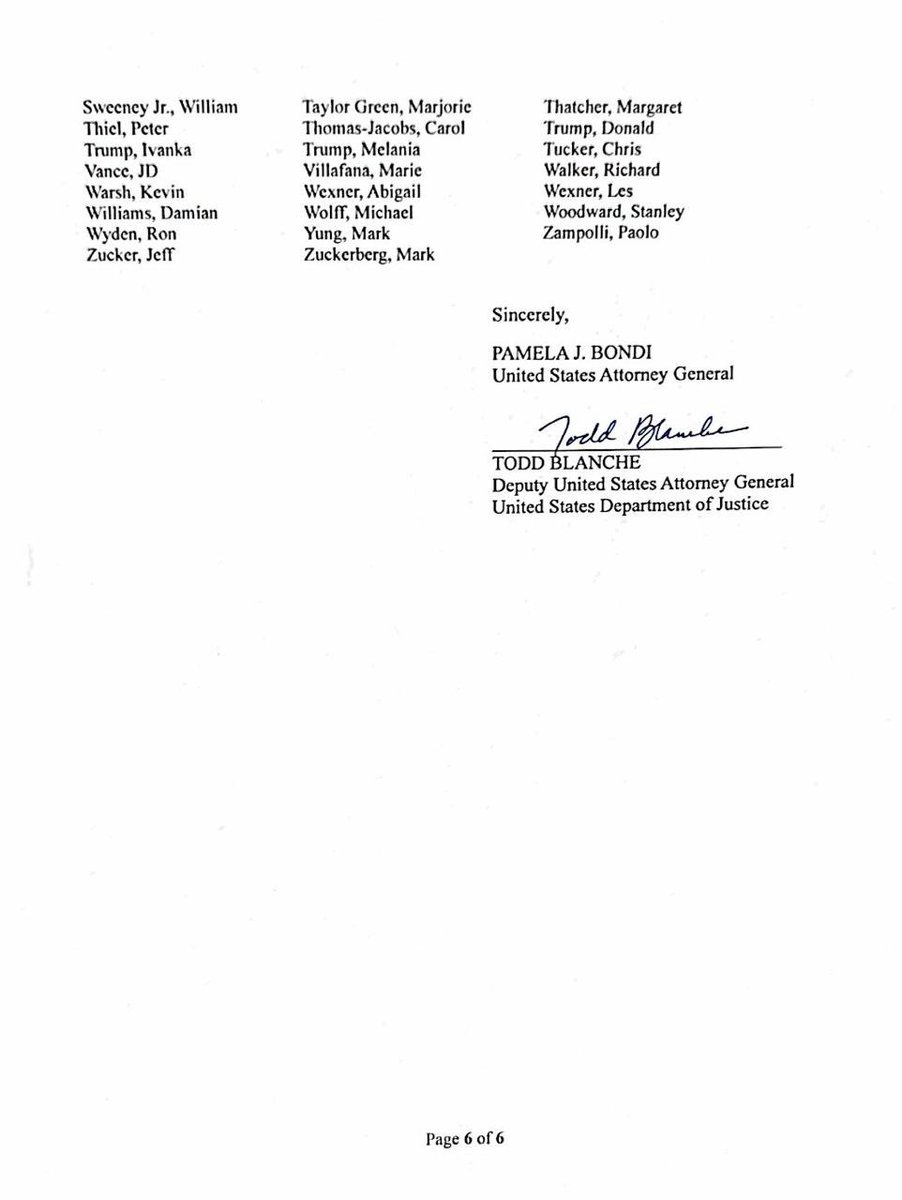 camille_moscow's tweet photo. ⚡️ ÉPSTEIN FILES : LA BOMBE TOMBE ! PAM BONDI ET TODD BLANCHE TRANSMETTENT LES SIX PAGES DE NOMS DÉMASQUÉS

La procureure générale Pam Bondi et le deputy AG Todd Blanche viennent d’envoyer aux commissions judiciaires du Congrès une lettre de 6 pages listant des centaines de « government officials & politically exposed persons » mentionnés dans les millions de pages des Epstein files 

C’est un who’s who des puissants : présidents, familles royales, milliardaires, stars…
Mais attention : être cité ≠ coupable. Beaucoup apparaissent dans des contextes anodins (mails, médias, vols logués, etc.).
Quelques bombes du jour sur X (buzz massif, vues explosives) :

👉 Trump, Clinton, Obama, Gates, Musk, Netanyahu, prince Andrew/Philip, Bill Gates, Bezos, Zuckerberg… tous cités.

👉 Ironie maximale : Pam Bondi et Todd Blanche eux-mêmes figurent dans les fichiers (comme officiels exposés) alors qu’ils gèrent la « transparence » !

👉 Au moins 6 hauts responsables Trump apparaissent (liens variés : emails, rencontres…).

👉 Le DOJ défend les redactions restantes (privilèges, victimes), mais des élus comme Ro Khanna et Thomas Massie accusent un cover-up partiel.
Le bottin mondain du mal ? Ou juste le réseau d’un prédateur ultra-connecté ?
La machine à scandale tourne à plein régime.