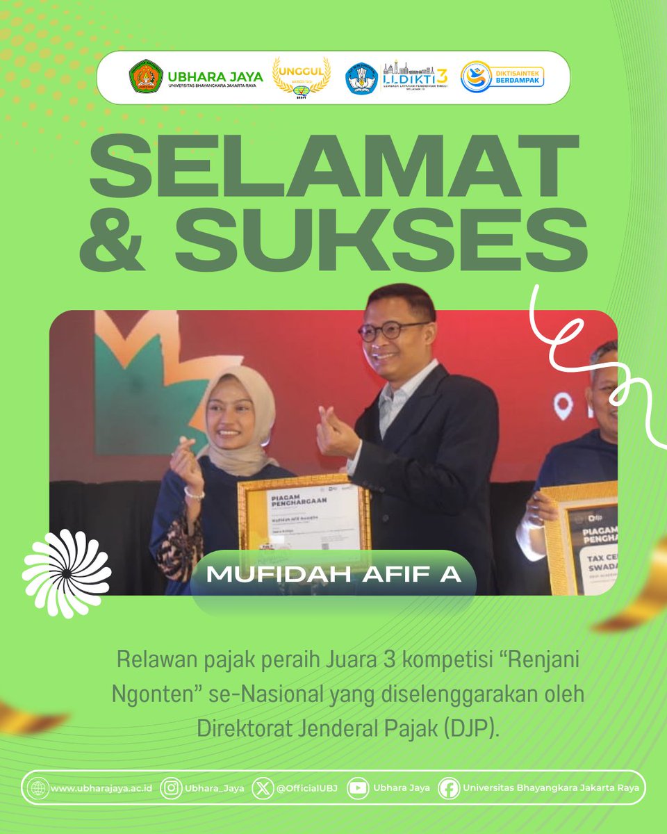 OfficialUbj's tweet photo. Mahasiswa Ubhara Jaya, Mufidah Afif A, berhasil meraih Juara 3 Kompetisi “Renjani Ngonten” se-nasional yang diselenggarakan oleh Direktorat Jenderal Pajak. Bersama dosen pendamping, Rachmat Pramukty, S.E., https://t.co/Ssw1PSOEjI dari Fakultas Ekonomi dan Bisnis. 🇮🇩
#UbaraUnggul https://t.co/Lh17RSnzJm
