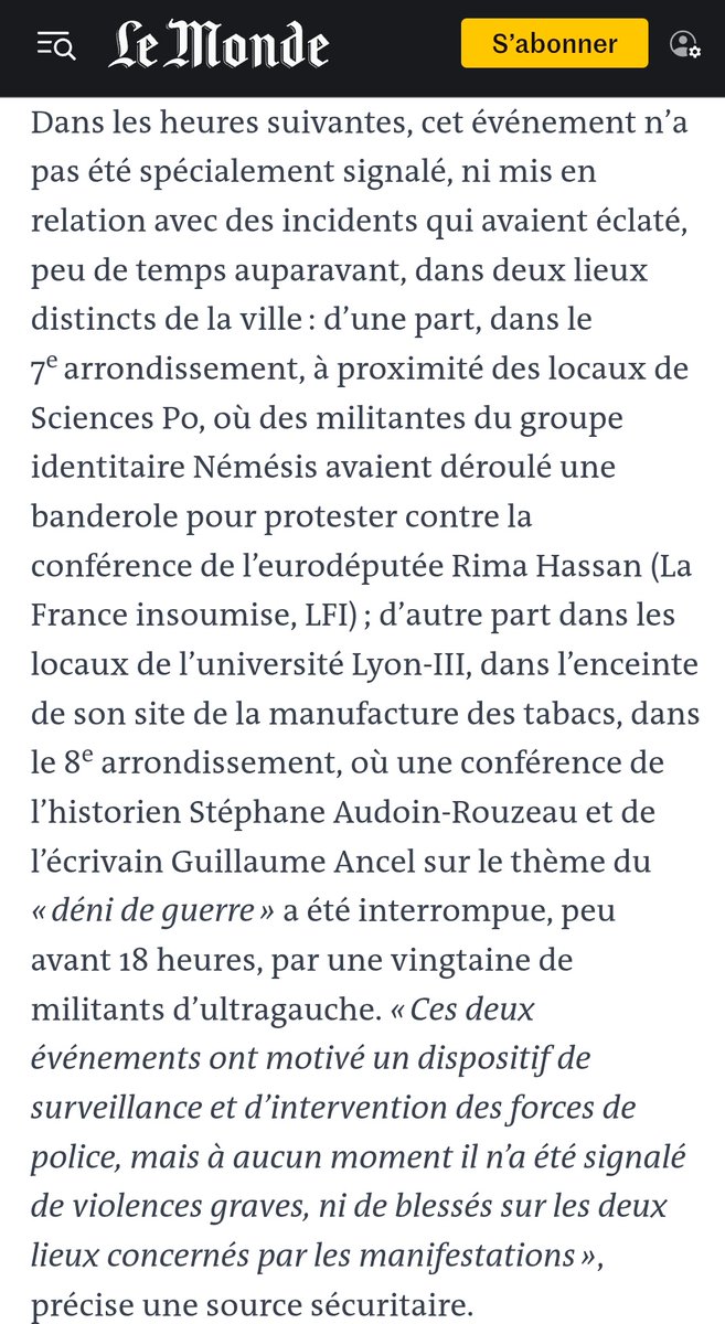 Il y a une campagne de désinformation menée par l'extrême-droite, Retailleau, et la Macronie, en cours pour confondre l'endroit où a été retrouvé le militant identitaire (le 5ème), et Sciences Po (le 7ème).

Note pour l'extrême-droite : ce ne sont pas les mêmes arrondissements.
