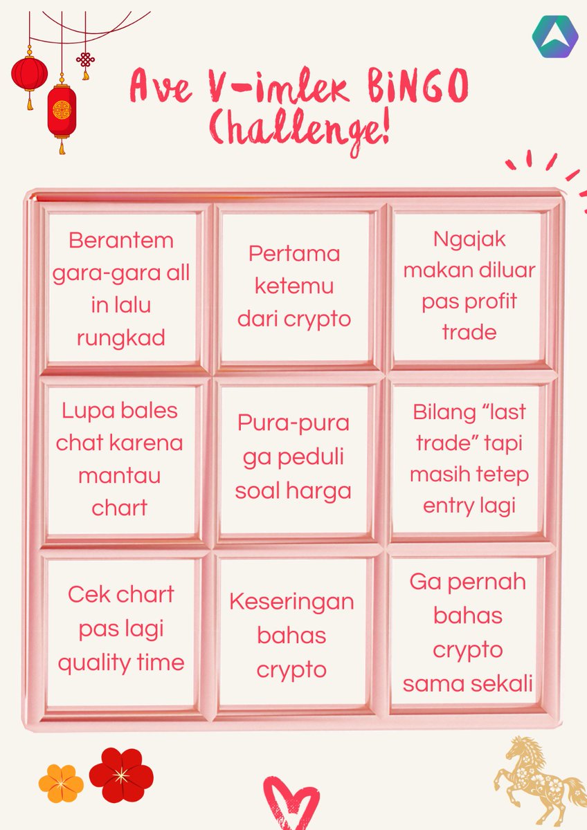 🧧💘 Ave V-Imlek BINGO Challenge 💘🧧

Lagi Valentine + Imlek edition gini, tapi kalian masih ada yang ditemenin charts doang? 😟 mending isi BINGO Card berhadiah ini deh 😹👇🏻

🎁 Prize Pool: $50 (10 Winners)

Cara ikutan:
1️⃣ Follow <a href="/aveai_id/">Ave Indonesia 🇮🇩</a>
2️⃣ Like + Quote Retweet postingan ini