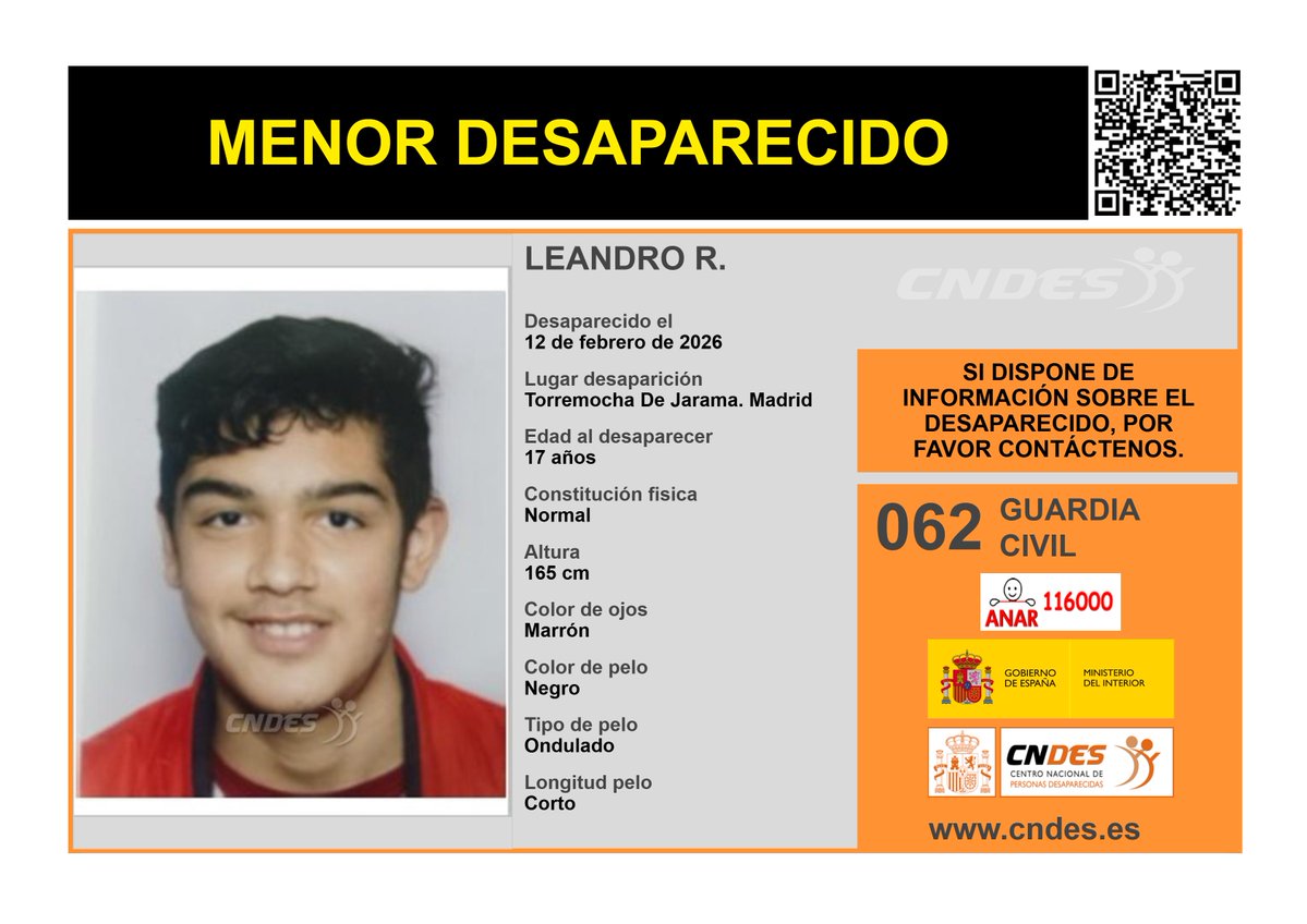 ⚠️🚹MENOR DESAPARECIDO🚹⚠️
Edad1⃣7⃣años
🧐Última localización #torremochadeljarama #madrid
Ayúdanos➡️comparte📲
Si crees haberlo visto📩cndes-web.ses.mir.es/publico/Desapa…
📞062 <a href="/guardiacivil/">Guardia Civil</a> 
☎️116000 ANAR
<a href="/cndes_oficial/">CNDES</a> #menor #desaparecidotorremochadeljarama