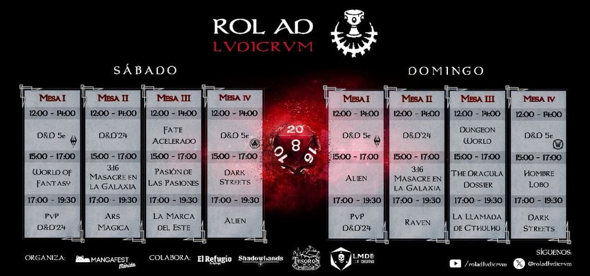 Anunciamos el cartel de partidas que llevaremos la semana que viene al <a href="/Mangafest/">Mangafest</a> de Mérida.
Mil gracias a las editoriales que se han involucrado para que este año volvamos a traer sorteos, charlas y torneos.
¡¡Nos vemos en el espacio de rol!! #LoDelRol
+: mangafest.es/merida/2026/