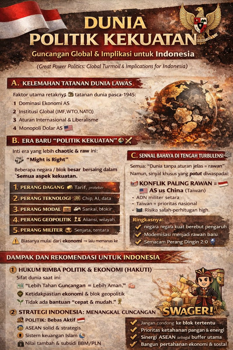 Setiap imperium: naik → jaya → lalu turun.
AS sekarang di fase menua, China di fase naik, Gesekan = hampir pasti
Namun:
Kalau negara besar bisa kerja sama &amp; adil ke rakyatnya →siklus bisa diperlambat.
Jk tak:
konflik global besar hampir tak terelakkan

x.com/i/status/20227…