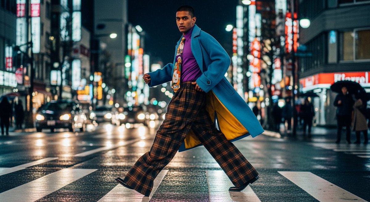 Elvisbo's tweet photo. Fashion Photography #googlelabs
Prompt
User Cinematic fashion photograph for a major advertising campaign, shot on high-speed Kodak Portra 400 film emulation for rich colors and subtle grain, capturing dynamic urban energy and sophisticated style. The mood is vibrant, confident, and charged with metropolitan movement. A charismatic South Asian male model is captured mid-stride, radiating confidence, crossing a rain-slicked asphalt street at night in a stylized depiction of japan busy street He wears a flowing, oversized blue yellow wool overcoat, catching the ambient light; underneath, a glimpse of a purple shirt and a distinctively illustrated tie. His trousers are the statement piece: extremely wide-leg, pleated glen plaid in traditional brown/blue/black hues, showing dynamic movement. Dramatic, high-contrast lighting comes from multiple sources: gleaming, colourful neon signs reflecting vibrantly on the wet pavement and the coat's surface, sharp backlight defining his silhouette, and a subtle key light illuminating his determined expression. Shallow depth of field keeps the model razor-sharp while rendering the bustling background (streaking car lights, blurred neon signs, distant figures) into beautiful, abstract bokeh, isolating the subject powerfully. The color palette is a collision of the outfit's brown/blue/black against the electric blues, pinks, and greens of the neon-drenched urban dayscape. Composition employs a dynamic low angle and leading lines from the street markings, enhancing the sense of forward motion.