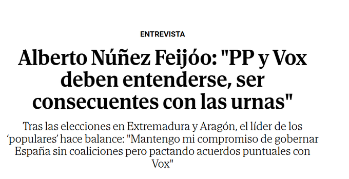 Elecciones Aragón:
Votos: PP: 34.26 %; VOX: 17.88 %; suma de PP+VOX: 34.26+17.88= 52.14 %.
Porcentaje de VOX sobre la suma PP+VOX: 17.88/52.14 = 34%.
Se puede hacer también con escaños.
A VOX le corresponde un 34 % del gobierno de Aragón. Eso es ser consecuente con las urnas.