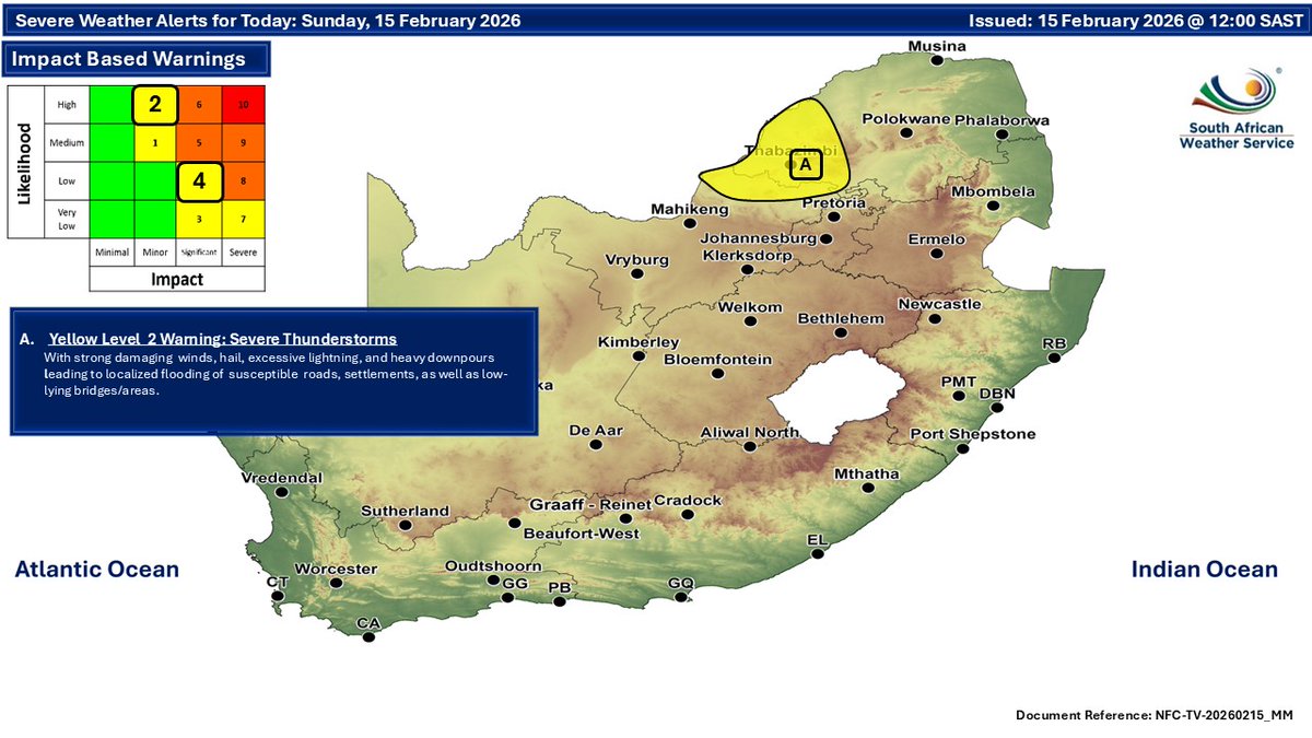 SAWeatherServic's tweet image. Weather forecast for today and tomorrow, 15-16 February 2026:
Partly cloudy and cool to warm with isolated to scattered showers and thundershowers. It will be cloudy in the east. ⚠Severe Thunderstorms.
#saws #SAWeather #weatheroutlook