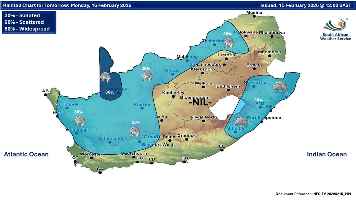 SAWeatherServic's tweet image. Weather forecast for today and tomorrow, 15-16 February 2026:
Partly cloudy and cool to warm with isolated to scattered showers and thundershowers. It will be cloudy in the east. ⚠Severe Thunderstorms.
#saws #SAWeather #weatheroutlook