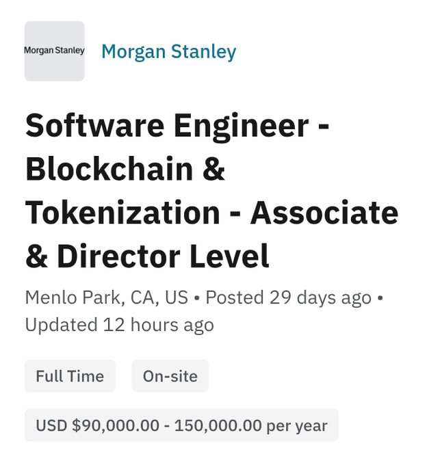 🚨 JUST IN: Morgan Stanley is hiring engineers focused on blockchain and tokenization.

#Blockchain #Tokenization #Crypto
