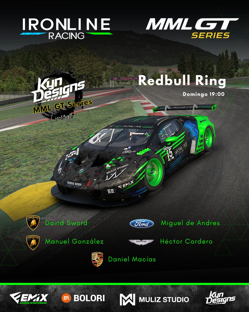 Último baile en la GTseries! 

Nuestros Lambos lucen nueva Livery para la final de hoy donde buscan el podio o incluso la victoria del campeonato en Redbull Ring.

Hoy a las 19:00, suerte!

<a href="/mml_racing/">MML RACING</a> 

#GTseries #Ironline #Simracing