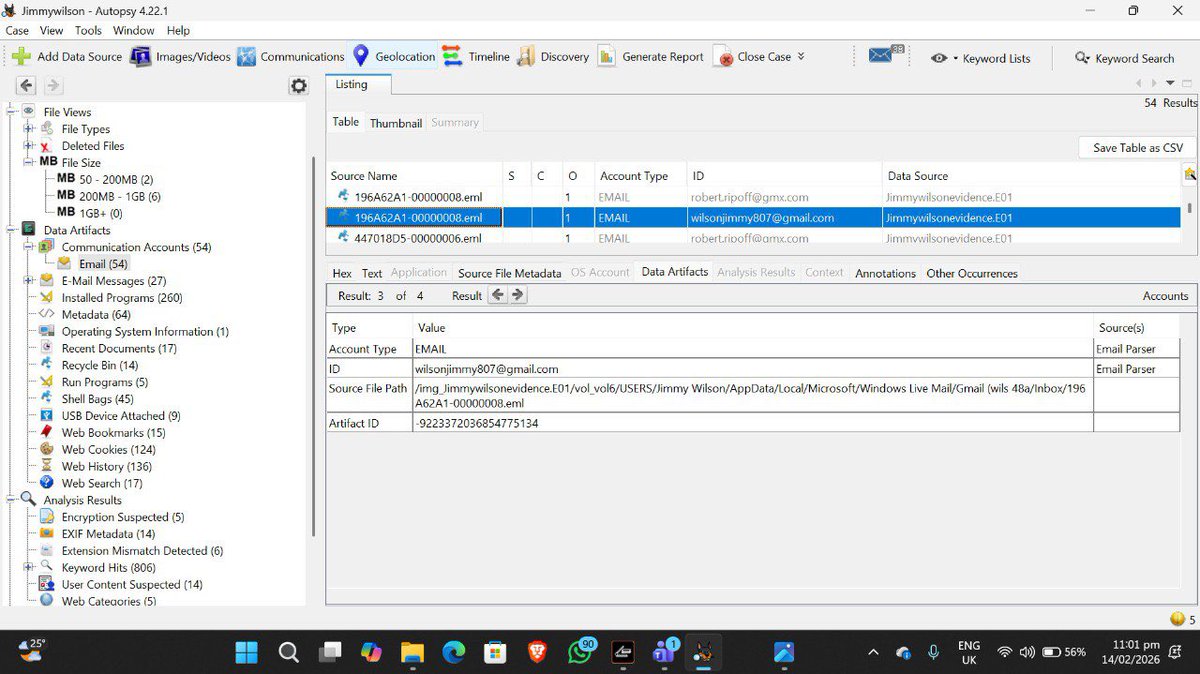 Just finished analyzing the Jimmy Wilson case 

1️⃣ Used FTK Imager to verify the E01 evidence.

2️⃣ Imported the disk image into Autopsy for a deep dive.

3️⃣ Extracted artifacts and reconstructed the user's activity.

Bit-by-bit, the truth comes out🔍🛡️

Another day to tell you
