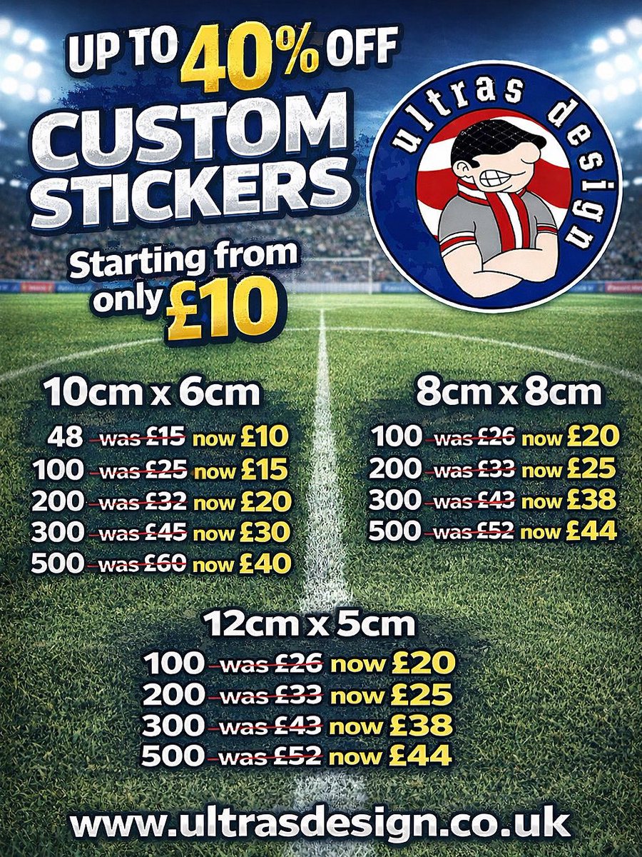 ukfootballflags's tweet image. 🔥 UP TO 40% OFF CUSTOM STICKERS 🔥
Starting from just £10!

⚽ Perfect for football teams, brands &amp;amp; businesses

📏 10x6cm from £10
📏 8x8cm from £20
📏 12x5cm from £20

Bulk discounts up to 1000 stickers!

Order now 👉 ultrasdesign.co.uk

#CustomStickers #UltrasDesign