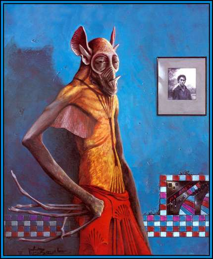 cmkosemen's tweet photo. Few know that #Preed from Titan AE was based on this old Wayne Barlowe painting of a sophont bat. The face, the eyes, the ears, the nose flap, the armpit membranes... are all the same. I wonder if Barlowe was credited in the film? https://t.co/1RDyfwmjnp